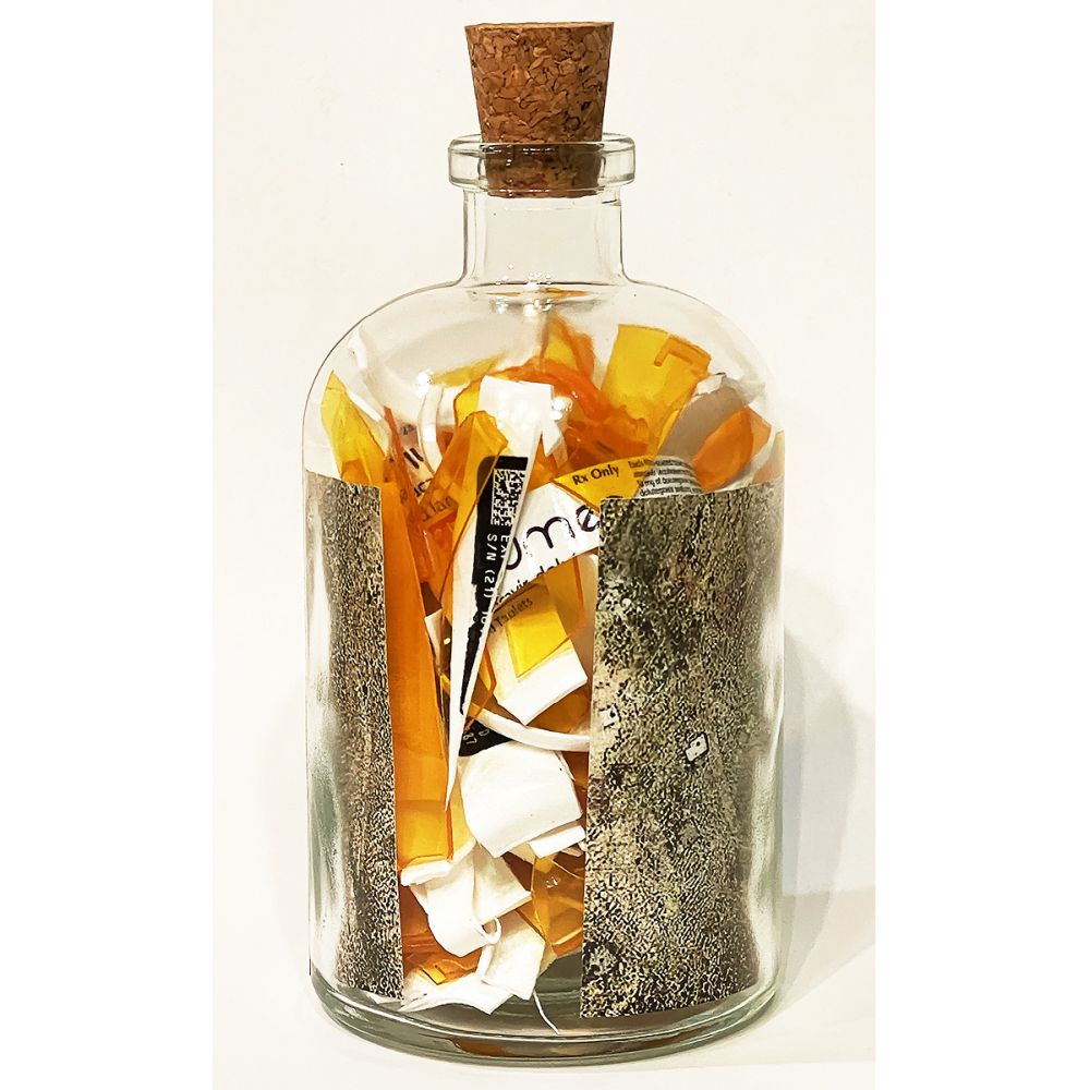 <br/>Bouschet Praetorian back, 10/9/2025<br/>Apx 6½" x 3" x 3"<br/>glass, paper, ink, cork and plastic